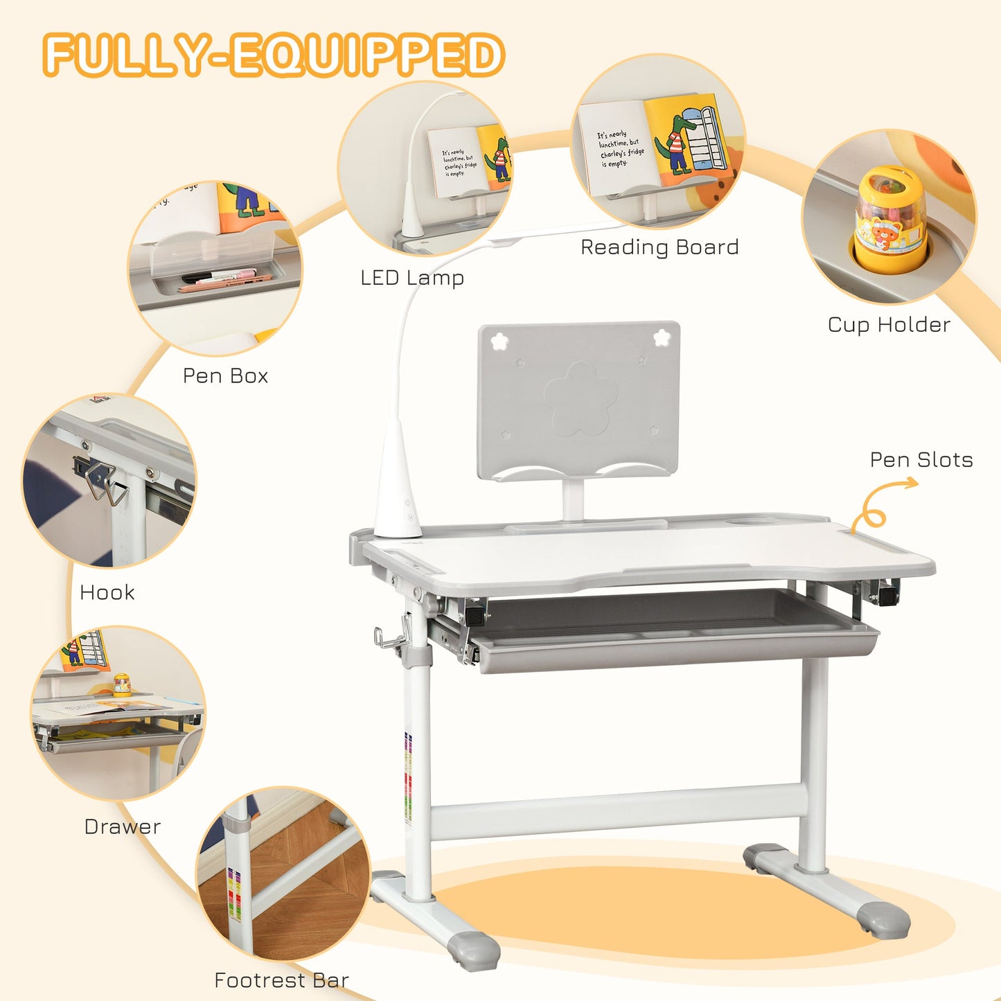 Kids Table and Chair Set, Activity Desk with USB Lamp, Storage Drawer for Study, Activities, Arts, or Crafts, Grey and White-4