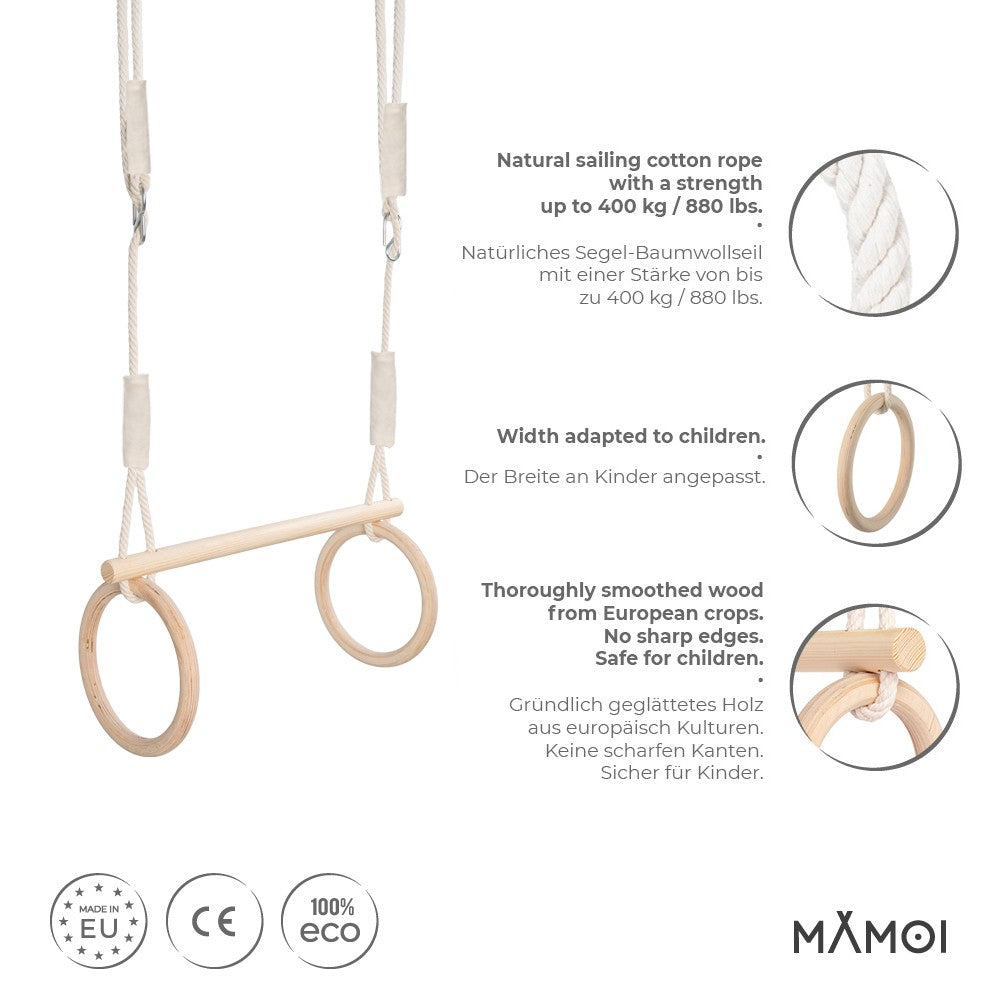 MAMOI® Trapez schaukel, Turnringe aus holz, Turngeräte für kinder indoor und outdoor, Ringe schaukel, Turnen mit Holzschaukel, Gymnastikringe und Trapezstange-2