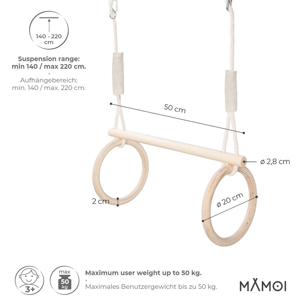 MAMOI® Trapez schaukel, Turnringe aus holz, Turngeräte für kinder indoor und outdoor, Ringe schaukel, Turnen mit Holzschaukel, Gymnastikringe und Trapezstange-1