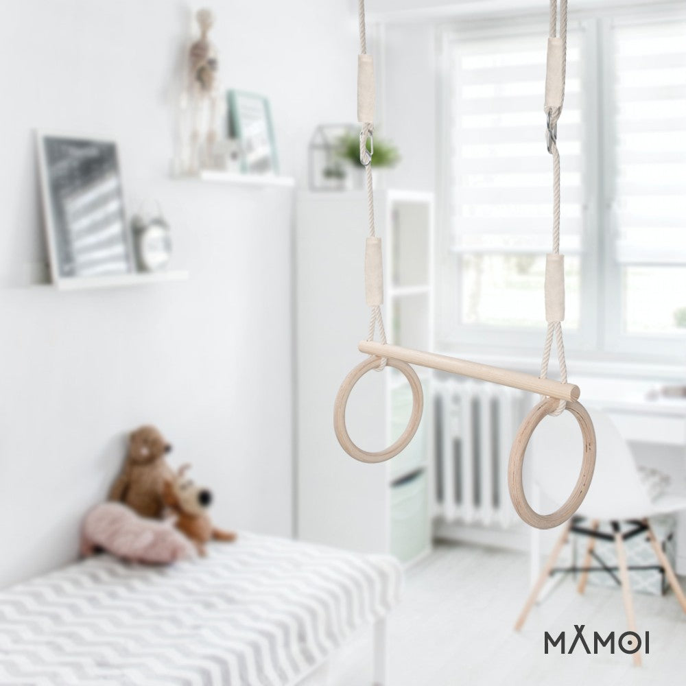 MAMOI® Trapez schaukel, Turnringe aus holz, Turngeräte für kinder indoor und outdoor, Ringe schaukel, Turnen mit Holzschaukel, Gymnastikringe und Trapezstange-5