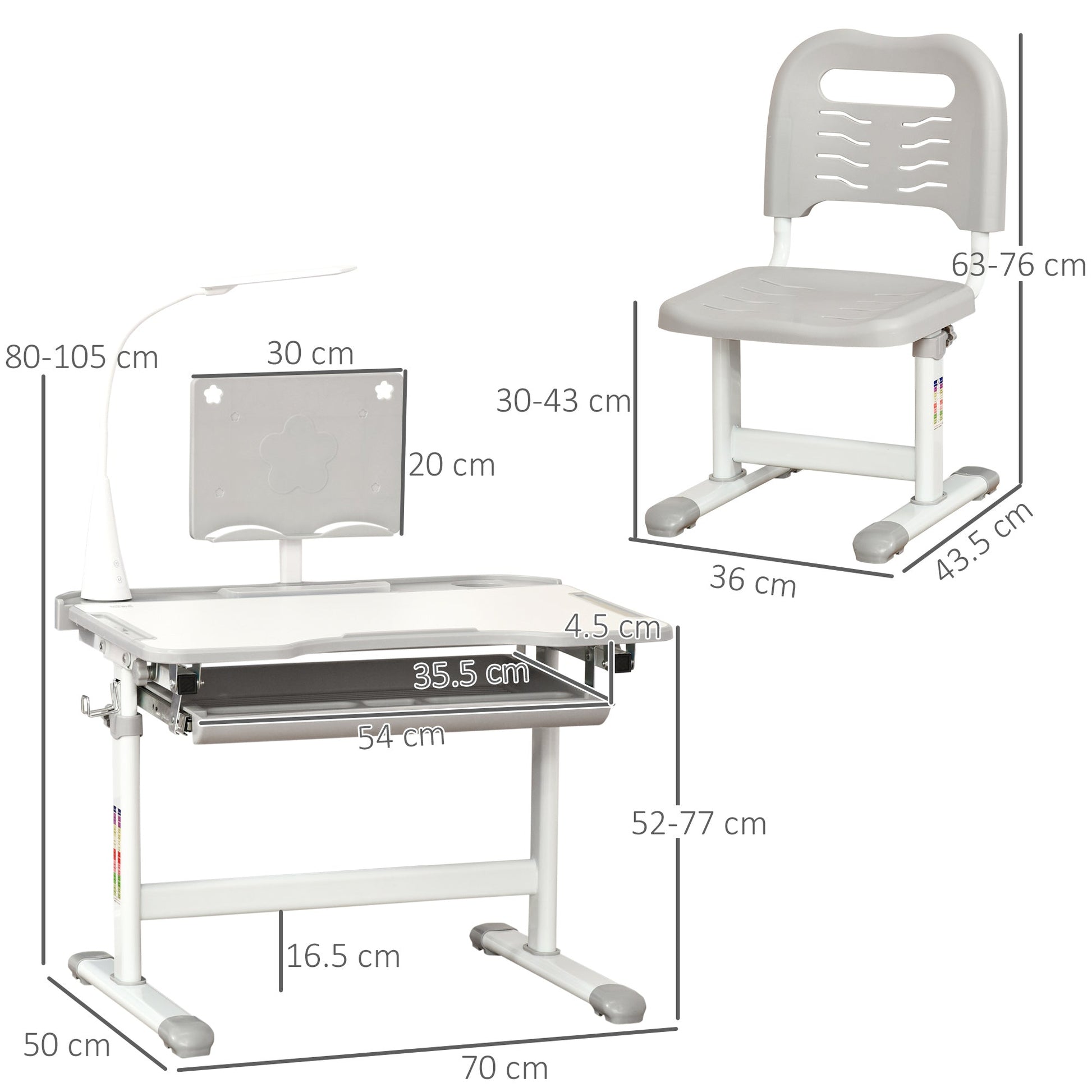 Kids Table and Chair Set, Activity Desk with USB Lamp, Storage Drawer for Study, Activities, Arts, or Crafts, Grey and White-2